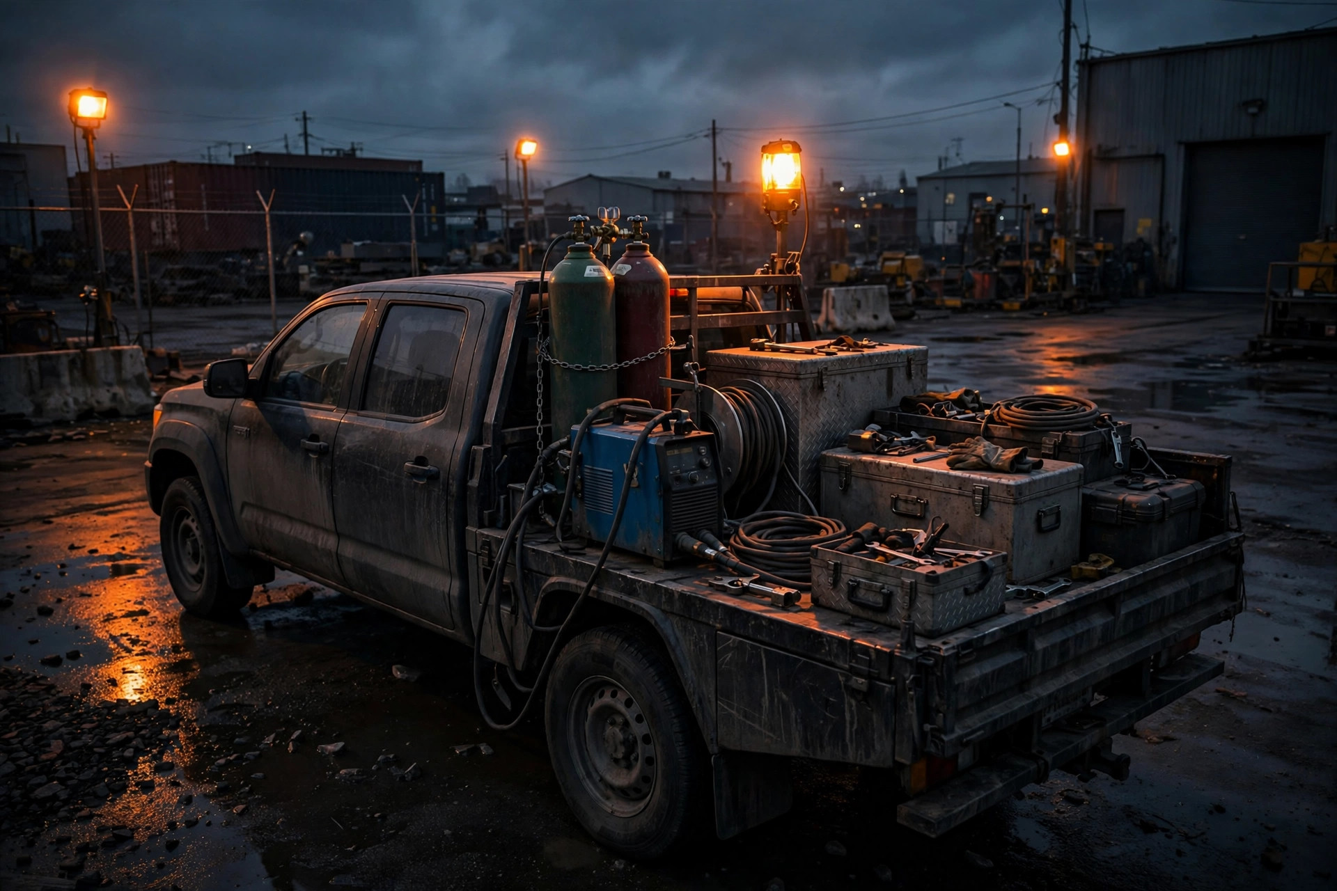 Mobile welding rig on a work truck at dusk