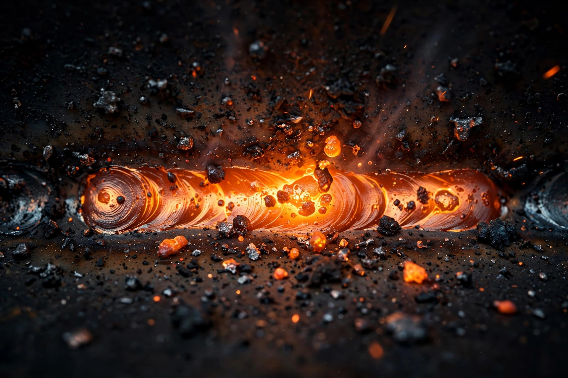 Close-up of a glowing fresh weld bead